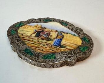 ANTIQUE ITALIAN ENAMEL COMPACT GALLETTI ALDEMARO, FLORENCE ITALY MARKED 800 SILVER