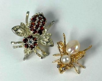 TWO VINTAGE INSECT PINS: ONE STERLING AND GARNET, ONE GOLD WITH PEARL