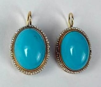 PAIR OF GOLD TURQUOISE AND SEED PEARL HALO EARRINGS