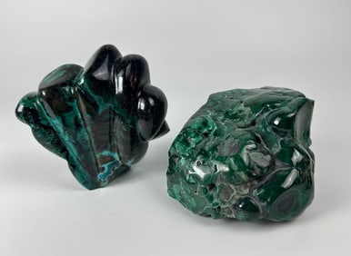 TWO LARGE POLISHED MINERAL SPECIMENS MALACHITE AND CHRYSOCOLLA