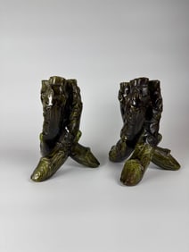 UNUSUAL PAIR OF MAJOLICA POSY VASES/CANDLE STICKS WOVEN TREE FORM