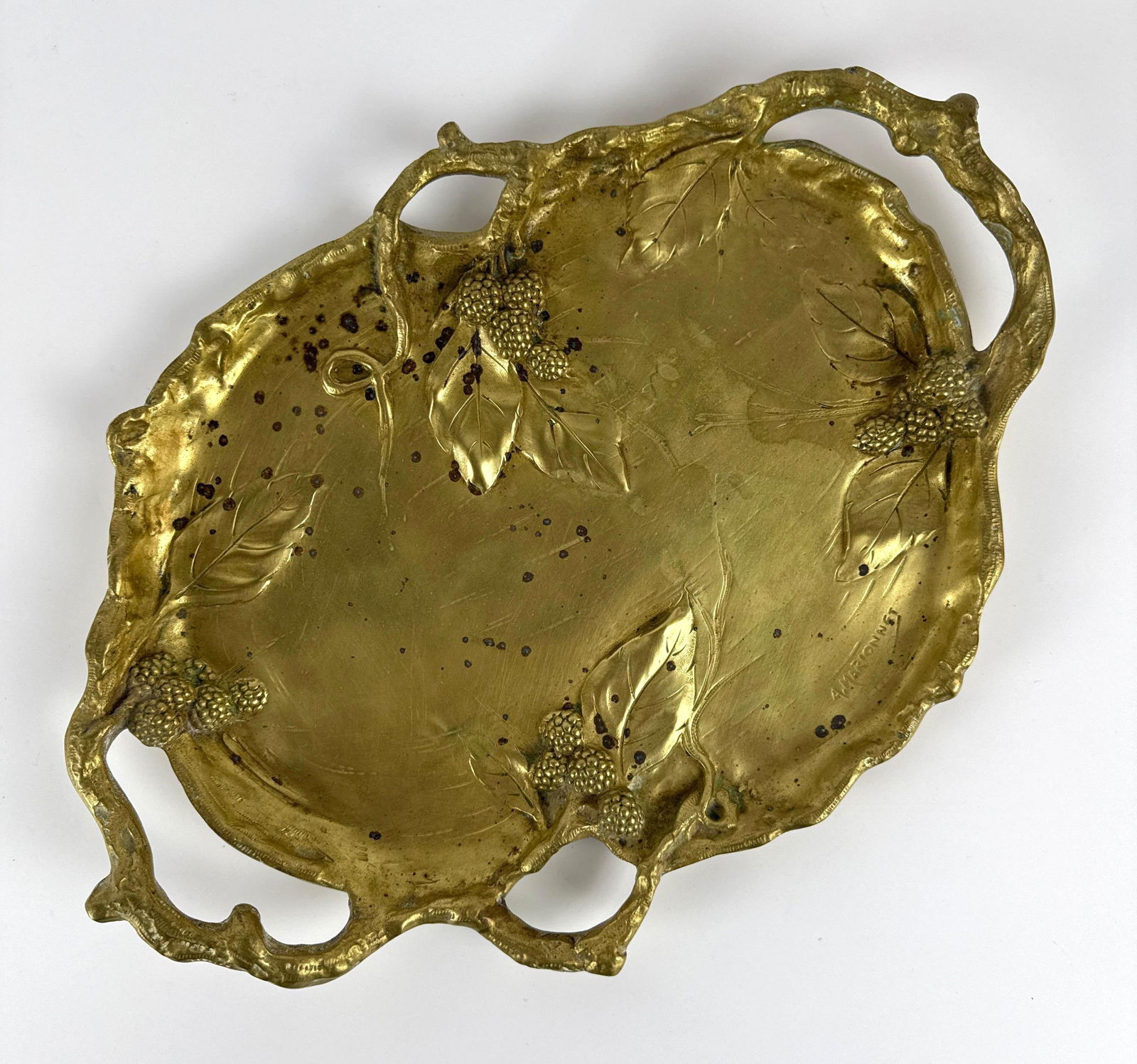 ALBERT MARIONNET SIGNED BERRIES MOTIF GILT BRONZE TRAY, FRANCE (1 of 7)