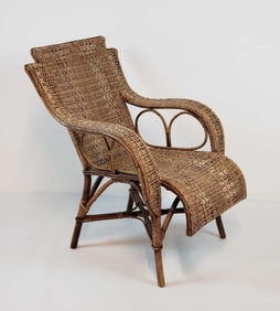 VINTAGE BAMBOO, SPLIT REED, WOVEN RATTAN CLUB CHAIR