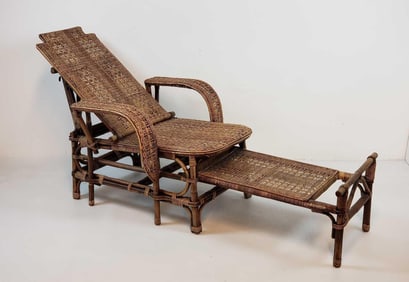 VINTAGE ADJUSTABLE BAMBOO, SPLIT REED, WOVEN RATTAN LOUNGE CHAIR