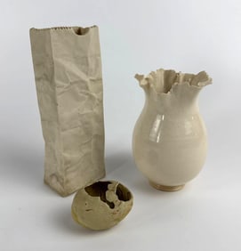 TRIO OF UNUSUAL TROMPE LOEIL CERAMIC VESSELS INCL. PAPER BAG AND EGG