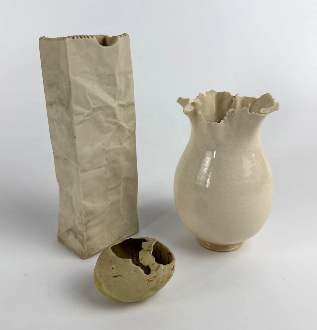TRIO OF UNUSUAL TROMPE LOEIL CERAMIC VESSELS INCL. PAPER BAG AND EGG (1 of 12)