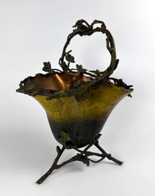UNUSUAL ART NOUVEAU POLYCHROME COPPER VESSEL WITH TWIG, VINE AND BIRD DETAILS
