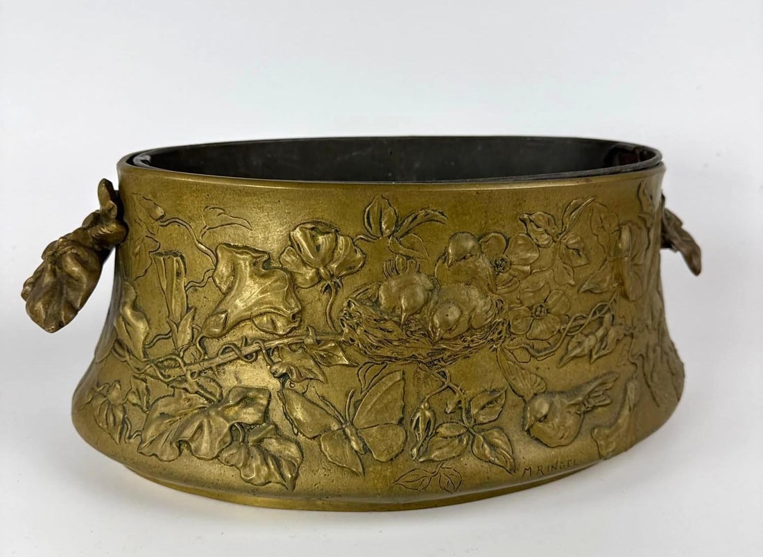 M RINGEL SIGNED ART NOUVEAU BRONZE PLANTER BIRDS NEST DETAIL (1 of 12)