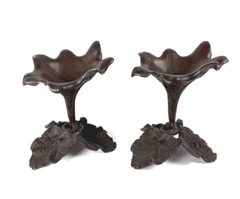 PAIR OF ANTIQUE BRONZE TRUMPET VINE FORM CANDLE STICKS/ DISHES/STANDS