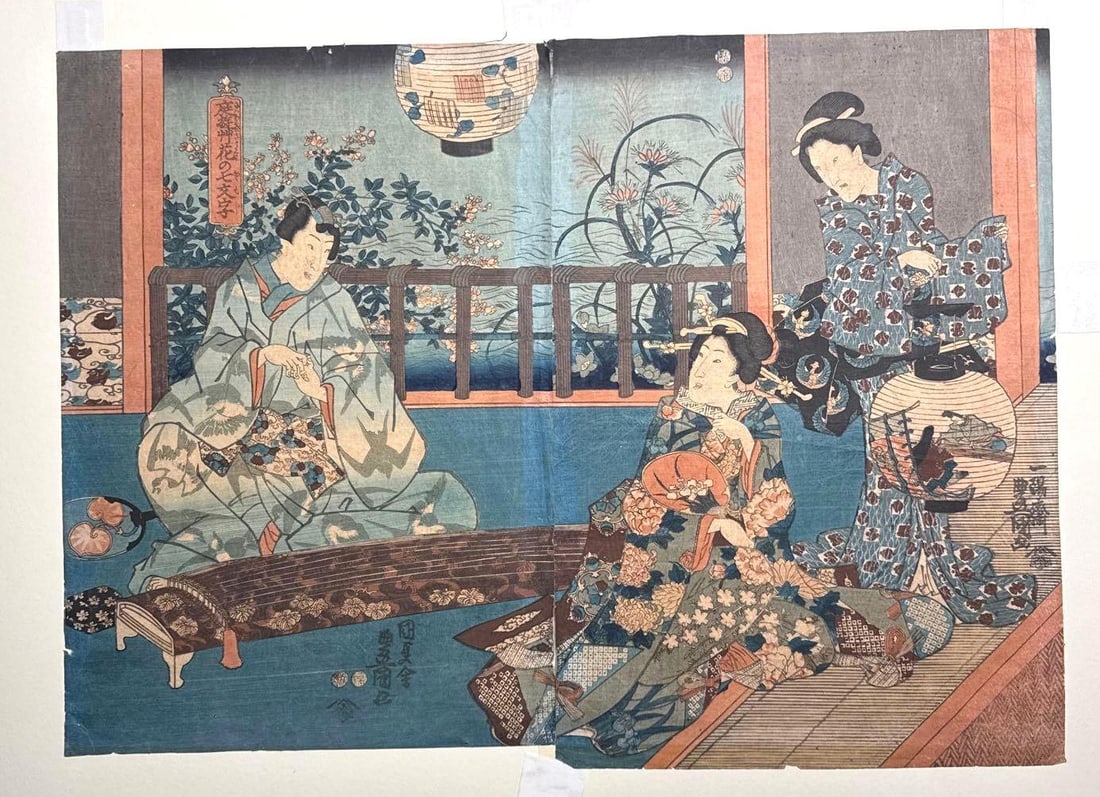 ANTIQUE JAPANESE WOODBLOCK UKIYO-E PRINT STAMPED: A pair of Japanese wood block prints forming one image. Dimensions: LEFT SECTION: 14" X 9.75" RIGHT SECTION 14.25" X 9.75" OVERALL: 14" X 19.5" Artist: Unknown Provenance: A New York Collector