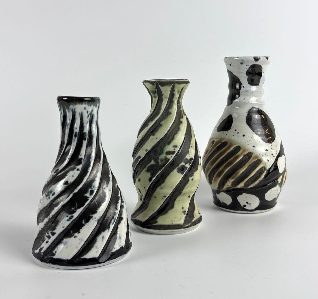ABSTRACT MONOCHROMATIC CERAMIC ART VASE SET OF THREE (1 of 5)