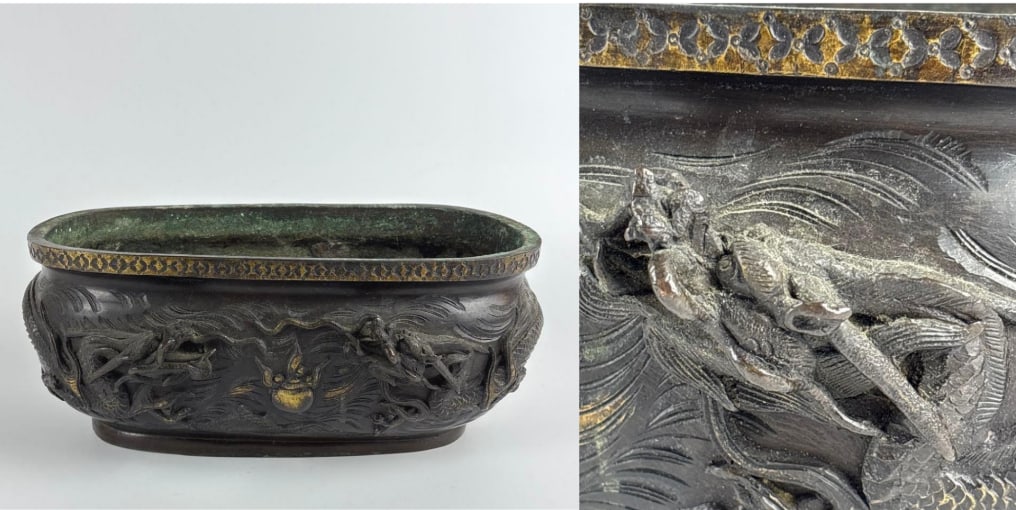 JAPANESE MEIJI BRONZE CENSER DRAGON AND CLOUD MOTIF: A bronze oval-shaped censer with a dark patina and a gilt-edged rim, featuring a high-relief dragon and cloud motif on its exterior. Dimensions: 4.5"T x 12"W x 7"D Artist or Maker: Unknown Provenance: