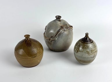 CERAMIC VASE TRIO, ONE MARKED JOE GAFFORD 70