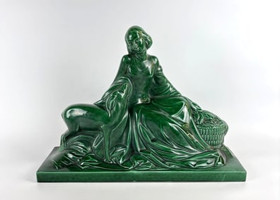 ART DECO EMERALD GLAZED EARTHENWARE SCULPTURE 'WOMAN WITH A FAWN' SIGNED POLBERT