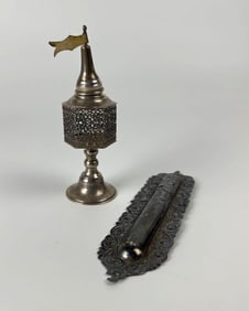 PAIR OF SILVER JUDAICA: SPICE BOX AND MEZUZAH