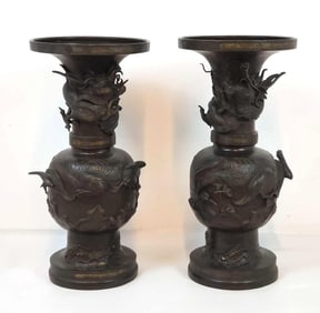 PAIR OF IMPRESSIVE ANTIQUE JAPANESE BRONZE BALUSTER FLOOR VASES