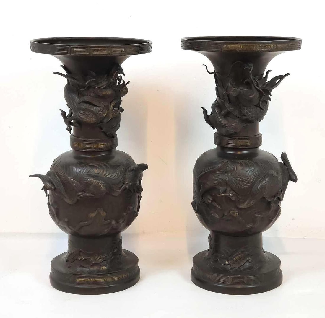 PAIR OF IMPRESSIVE ANTIQUE JAPANESE BRONZE BALUSTER FLOOR VASES (1 of 19)