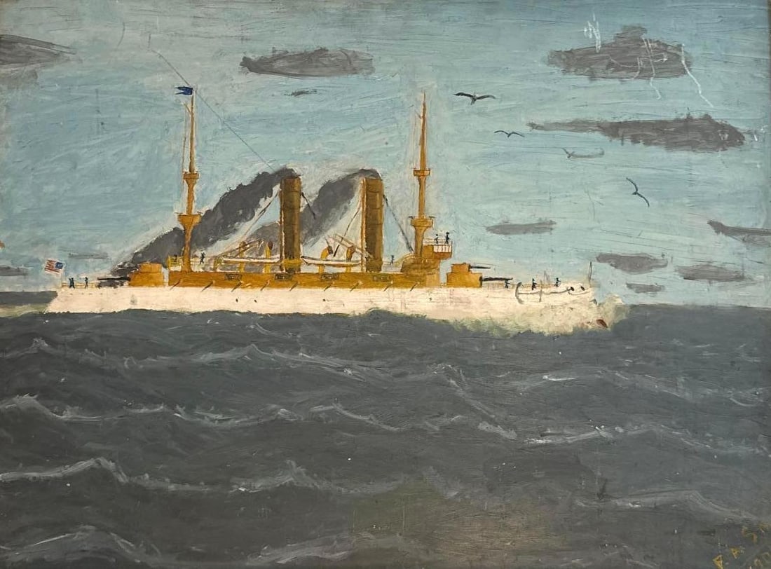 FOLK ART BATTLESHIP PAINTING SIGNED F.A. SMITH 1902 (1 of 5)
