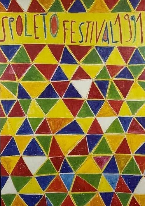 SPOLETO FESTIVAL POSTER 1991: A framed art poster for the 1991 Spoleto Festival, featuring a colorful, geometric design of triangles by artist Nicola De Maria. Dimensions: 38"L x 27"W Artist or Maker: Nicola de Maria Provenance