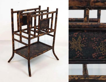VINTAGE ENGLISH SCORCHED BAMBOO CHINOISERIE CANTERBURY/MAGAZINE STAND