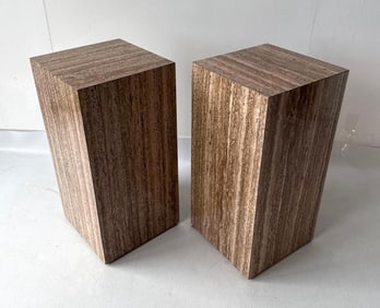 PAIR OF FAUX TRAVERTINE MARBLE LAMINATE PEDESTALS