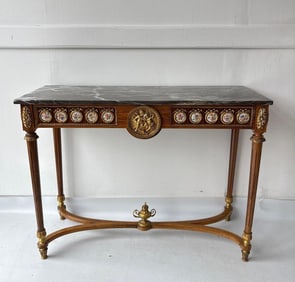 LOUIS XVI REVIVAL BRONZE AND PORCELAIN MOUNT MARBLE TOP CONSOLE (SEE MATCHING MIRROR LOT 304)