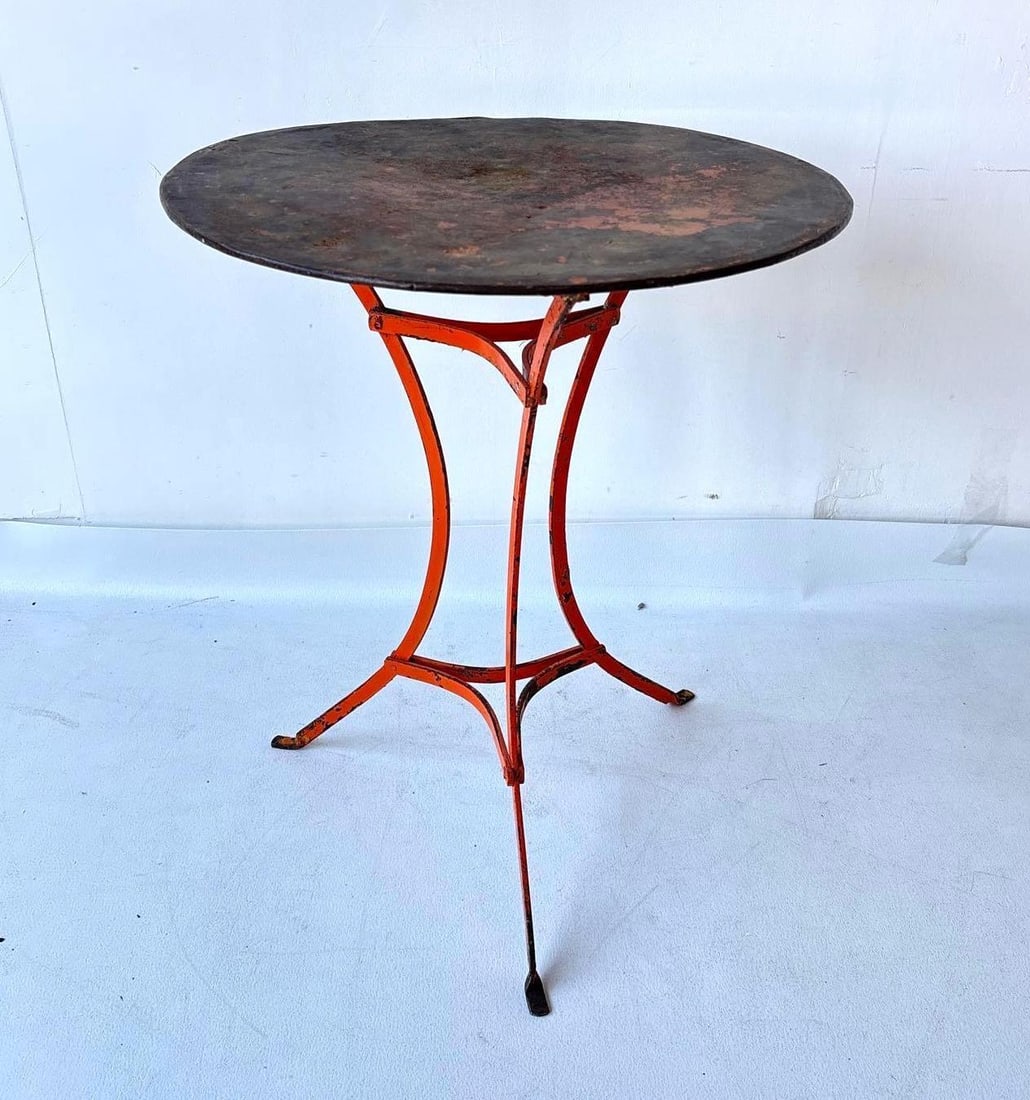 ANTIQUE STEEL FRENCH BISTRO TABLE WITH DISTRESSED ORANGE FINISH (1 of 5)