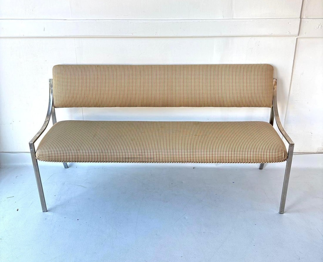 MID CENTURY UPHOLSTERED STEEL BENCH IN THE STYLE OF MILO BAUGHMAN (1 of 7)