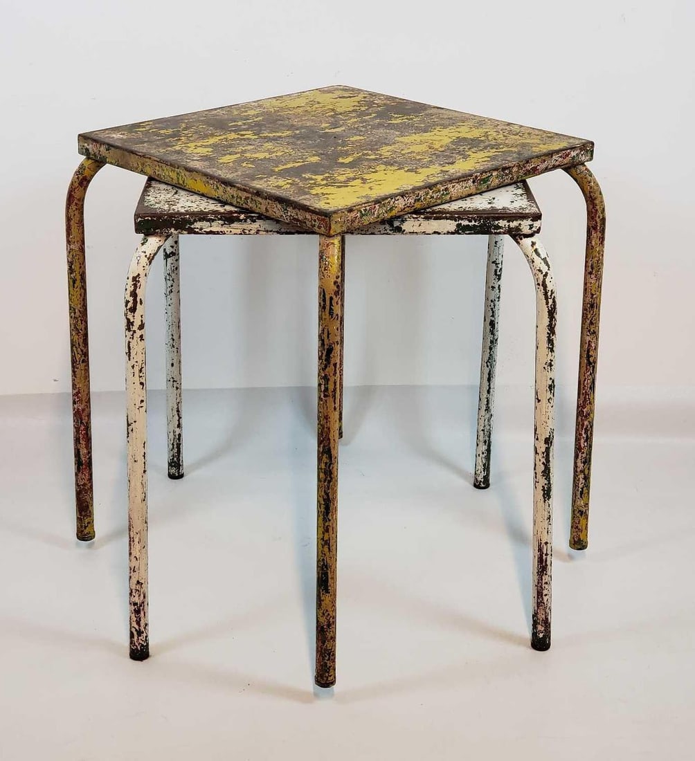 TWO VINTAGE FRENCH DISTRESSED METAL CAFE TABLES IN THE MANNER OF JEAN PROUVE (1 of 13)