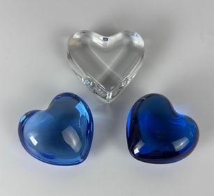 BACCARAT GLASS ART LOT  3 HEARTS IN CLEAR AND BLUE