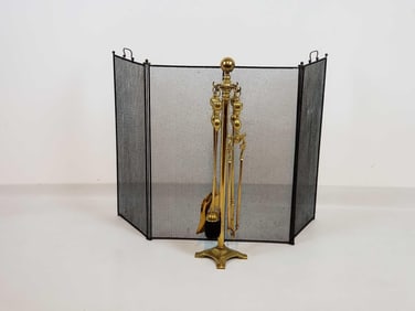 IMPRESSIVE SET OF BRASS FIREPLACE TOOLS AND FOLDING SCREEN