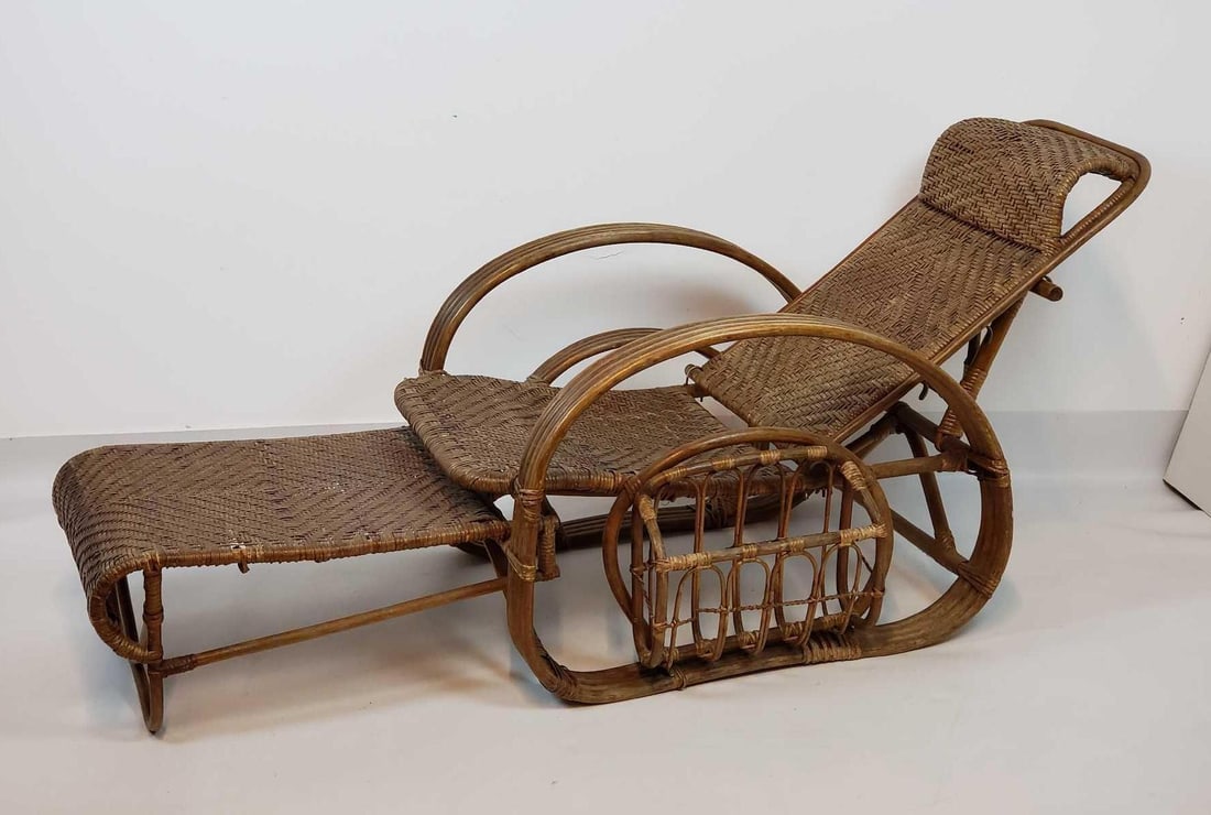 ANTIQUE CANE AND WICKER ADJUSTABLE LOUNGE CHAIR WITH INTEGRATED MAGAZINE RACK (1 of 15)