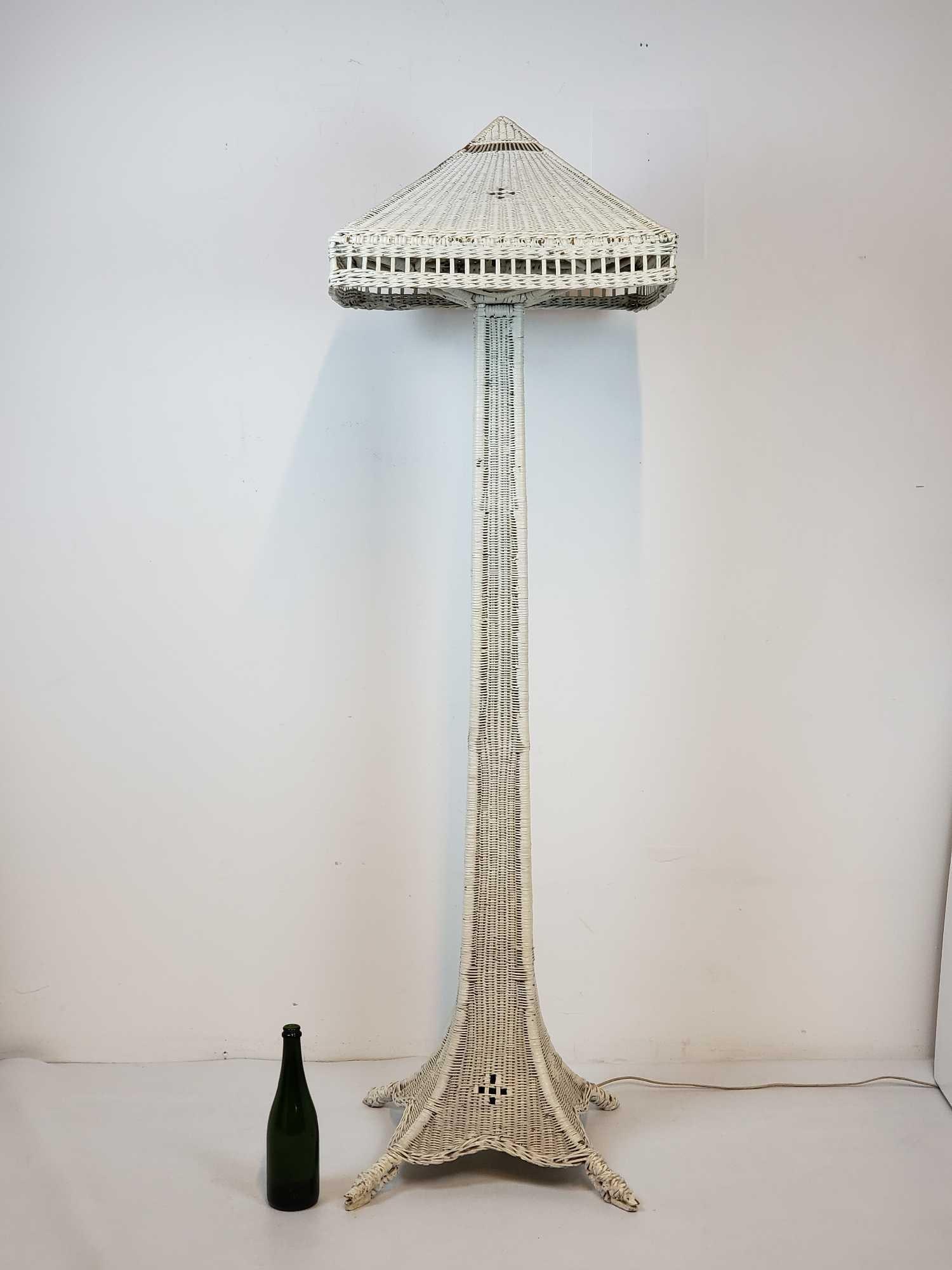 UNIQUE ANTIQUE WICKER FLOOR LAMP WITH PYRAMID SHADE (1 of 11)