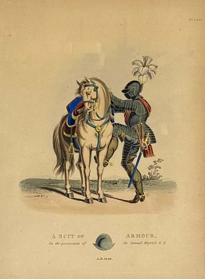 HAND COLORED GILT ENGRAVING OF SUIT OF ARMOR: An image representing A suit of Armor from 1620 in the possession of Sir Samuel Meyrick K H, antiquarian. Image: 14.25”x 10.25” Artist or Maker: Unknown Notes: Although care is taken to