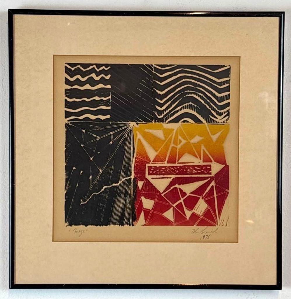 THOM KRONISH WOODBLOCK PRINT 'MAZE' (1976): A multi-color woodblock print titled "Maze" by Thom Kronish, dated 1976, featuring distinct sections of geometric and linear patterns, framed and signed by the artist. Image Dimensions: 10&rd