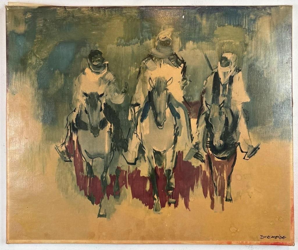 DORUL VAN DER HEIDE DESERT HORSEMEN OIL ON CANVAS: Dorul Van Der Heide desert horsemen oil on canvas Dimensions: 19.25" x 23.75" Artist or Maker: Unknown Notes: Although care is taken to photograph and describe the item, absence of a condition