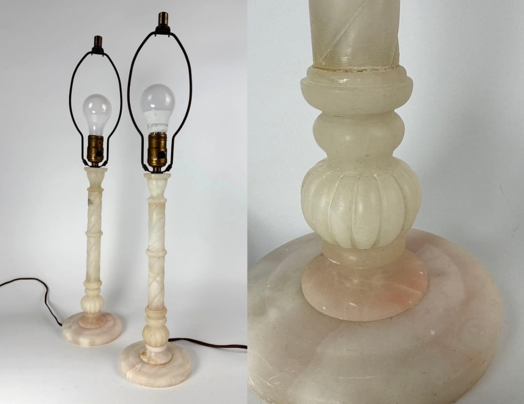 PAIR OF ALABASTER CANDLESTICK LAMPS ITALY FOR BONWIT TELLER (1 of 11)