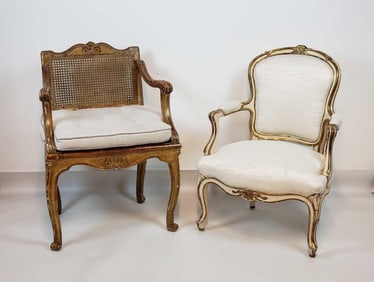 TWO COMPLIMENTARY ANTIQUE LOUIS XV STYLE OPEN ARM CHAIRS
