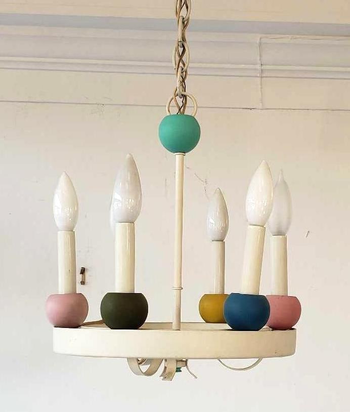 VINTAGE WHIMSICAL LIGHT0LIER SIX LITE PAINT DECORATED METAL CHANDELIER: A whimsical chandelier in pastel shades Dimensions:20.5"h x 12"dia Maker: Lightolier Provenance: A New York Collector Notes: Although care is taken to photograph and describe the item, abse