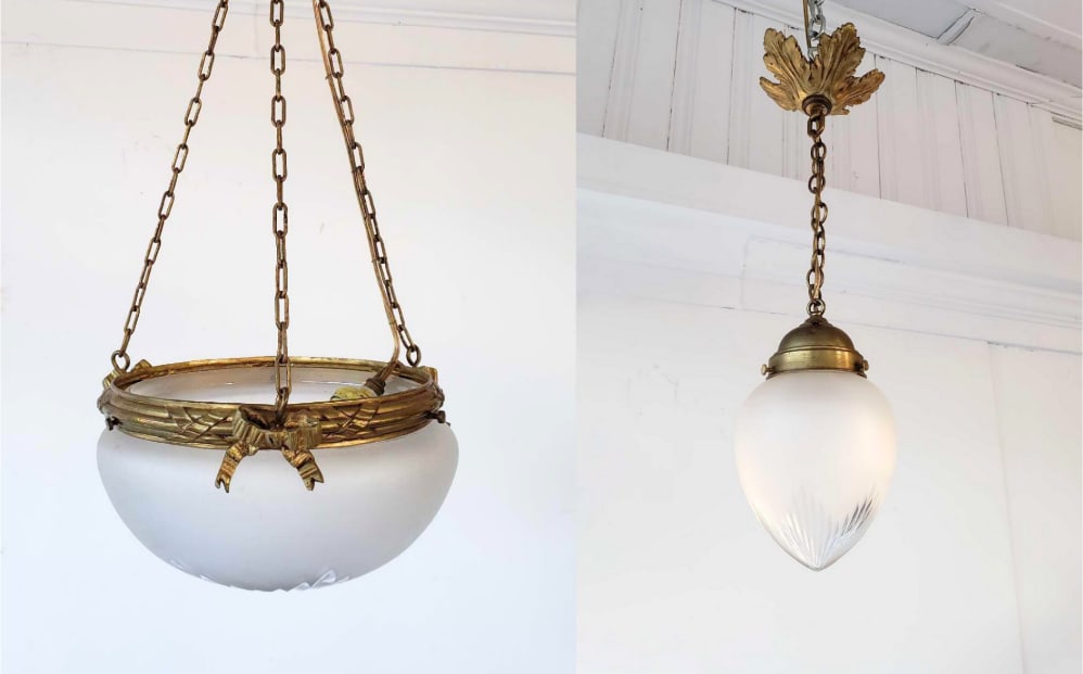EXCEPTIONAL PAIR OF VINTAGE DIMINUTIVE BRASS AND GLASS HANGING FIXTURES (1 of 16)