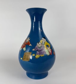 CHINESE BLUE GROUND QIANLONG MARKED FAMILLE ROSE VASE WITH CHILDREN PLAYING GO