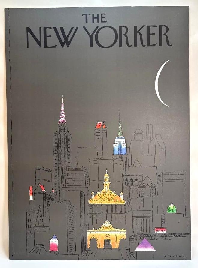XL ROB BLECHMAN’S “NEW YORK AT NIGHT?? NEW YORKER PRINT 1979: A framed New Yorker Magazine cover print Dimensions: 40" x 29" Artist: After Rob Blechman Provenance: A New York Collector Notes: Although care is taken to pho