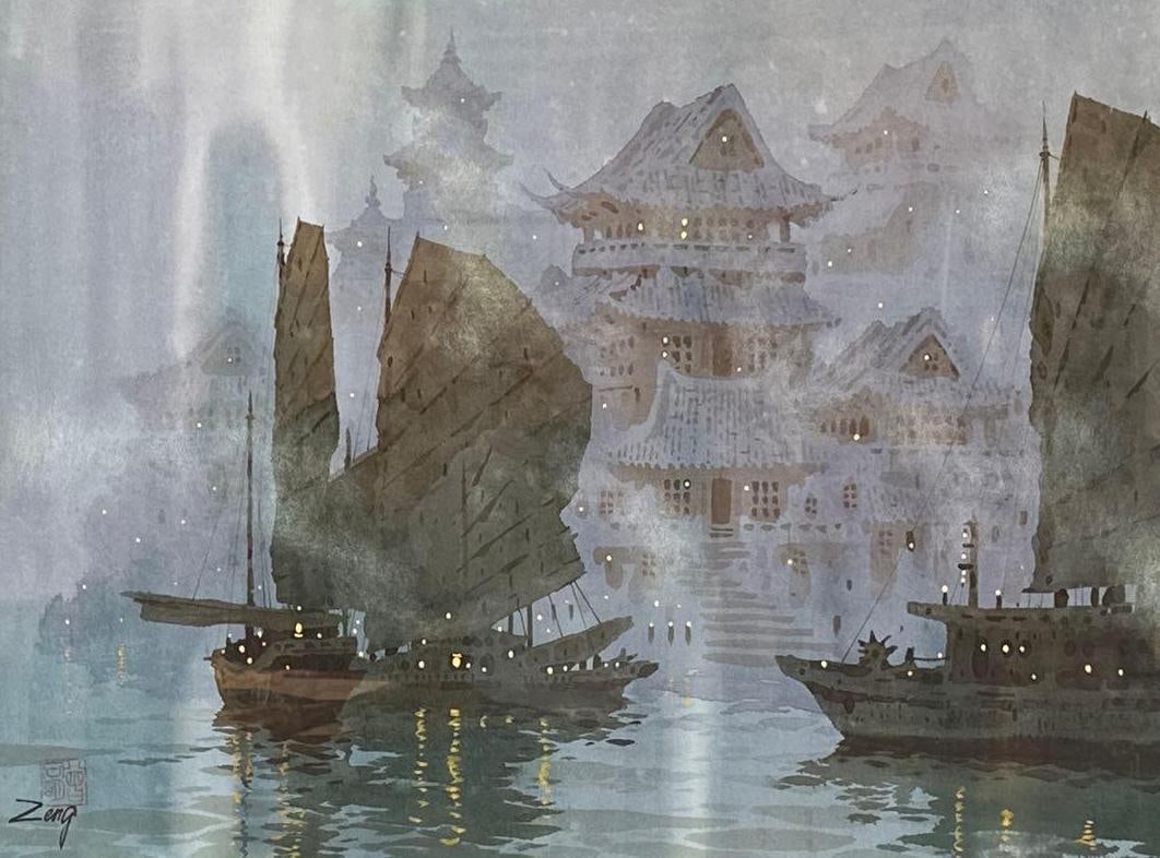 SIGNED 'IN THE MIST' WATERCOLOR BY XIANG-MING ZENG: A framed watercolor painting depicting a foggy scene with traditional East Asian junks and architecture, with a visible signature in the lower left corner. Art Dimensions: 22"L x 30"W Overall