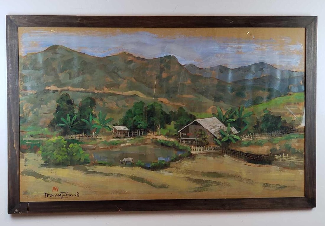 LARGE SIGNED ASIAN WORK ON PAPER MOUNTAIN FARMSTEAD (1 of 8)