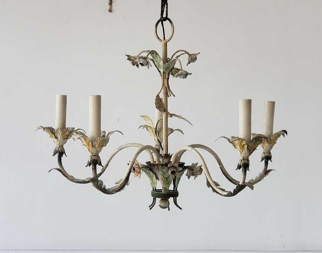 VINTAGE FLORAL MOTIF TOLE FIVE LITE CHANDELIER: A hand painted vintage floral-themed chandelier Dimensions: 15.5"h x 22"diameter Maker: Unknown Provenance: A New York Collector Notes: Although care is taken to photograph and desc