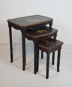 SET OF 3 CHINOISERIE NESTING TABLES DEPICTING MONKEYS AND ELEPHANTS