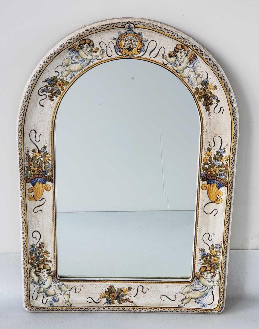 SACA CASTELLI SIGNED ITALIAN GLAZED TERRACOTTA ARCH TOP MIRROR WITH PUTTI AND FLORAL MOTIF (1 of 11)