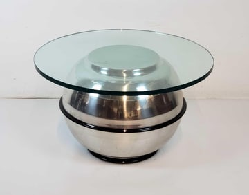 CHROME AND BLACK LACQUER ORB GLASS TOP TABLE