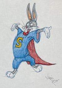 VIRGIL ROSS COLORED PENCIL DRAWING BUGS BUNNY IN SUPERMAN COSTUME CIRCA 1985