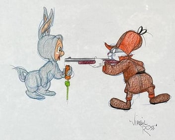 VIRGIL ROSS COLORED PENCIL DRAWING BUGS BUNNY HUNTING ELMER FUDD IN RABBIT COSTUME CIRCA 1985